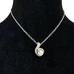 Cubic Zirconia Faux Pearl Pendant Silver Tone Chain Adjustable Length